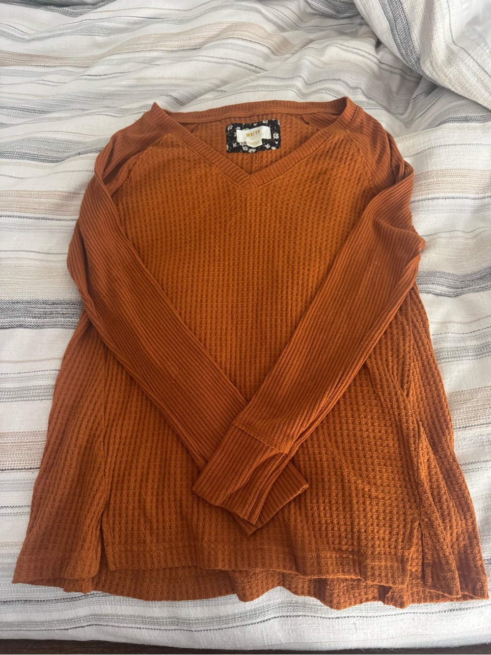 Anthropologie Rust Orange V-Neck Waffle Knit Sweater